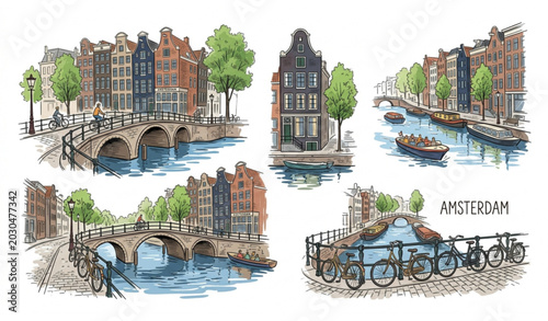Canvastavla Amsterdam city watercolor sketch collection with traditional houses canal bridge