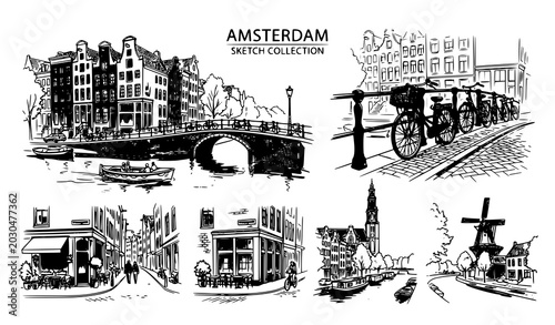 Photography ​Hand drawn Netherlands landmarks vector set featuring amsterdam streets and win