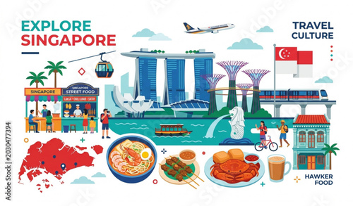 Singapore travel and culture vector illustration with landmark marina bay sands merlion and hawker food.