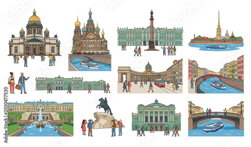 Bild auf Leinwand Saint Petersburg landmarks doodle set with Hermitage winter palace, Church of the Savior on Spilled Blood, and Peterhof fountains vector