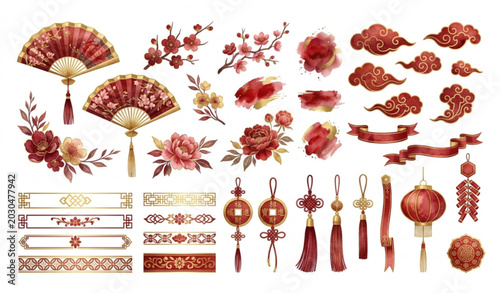 Quadro su tela Chinese new year traditional watercolor elements set with gold ornaments