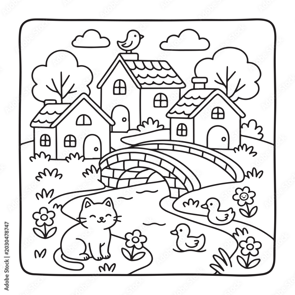 Fototapeta premium Cozy Cute Village Coloring Sheet with Cartoon Houses Snails and Whimsical Garden View