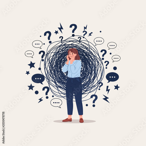 Tableau sur toile Anxiety and confusion vector illustration of a stressed woman surrounded by chao