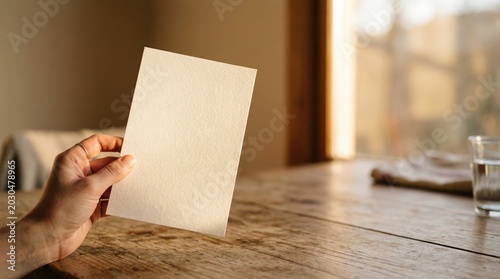 Hand Holding Blank Paper Card Mockup on Rustic Wooden Table