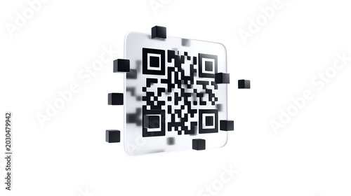 Floating 3d qr code icon with smooth matte black geometric shapes on white background