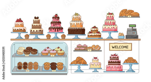 Photos Bakery Display: Cakes, Pastries, Cookies, and Bread Assortment