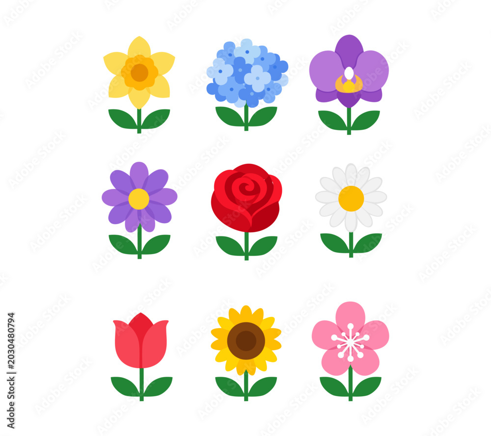 Naklejka premium Cartoon Collection Of Beautiful Flower With No Out Line Style Simple Digital Design