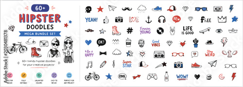 Photos Hipster doodles mega bundle set, 60 plus trendy hand drawn vector icons, urban l