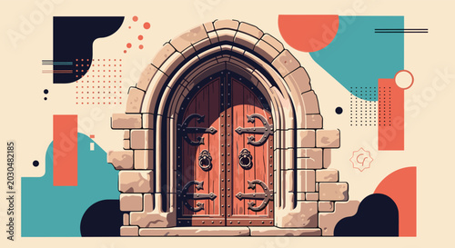 Ornate medieval arched wooden door set into a rustic stone wall surrounded by colorful abstract geometric shapes and patterns.