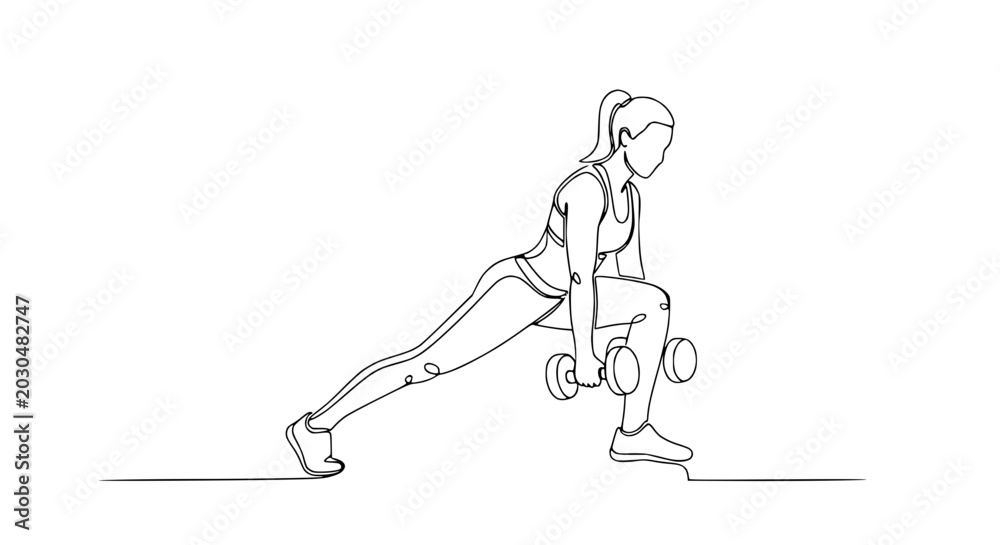 Obraz premium Woman doing lunges with dumbbells, continuous line drawing art, fitness and workout concept