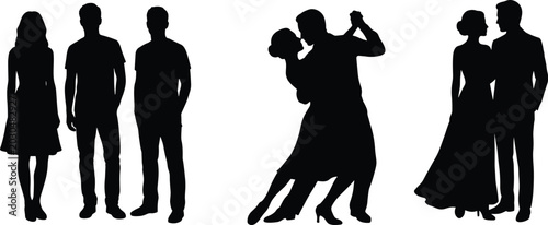 Bild auf Leinwand Silhouetted couple embracing and three standing figures in black silhouettes emb