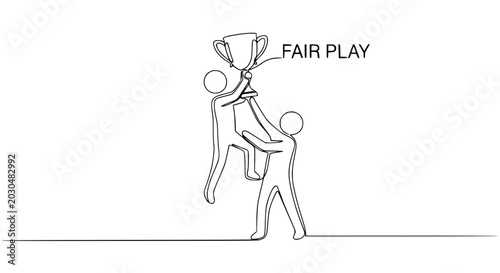 Canvas-taulu Teamwork achievement, two figures holding up trophy, fair play concept, simple line art