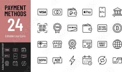 Foto Comprehensive Payment Method Vector Line Icon Set for E-commerce Checkout UI and