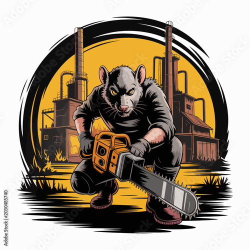 Tableau sur toile Rat holding a chainsaw aggressively ready.
