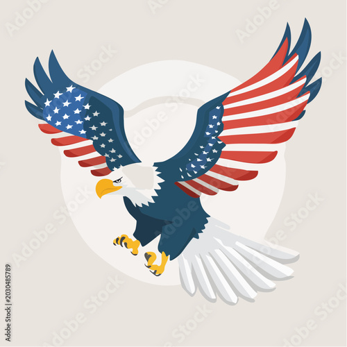 Majestic bald eagle with wings adorned in American flag stars and stripes, soaring in patriotic display.