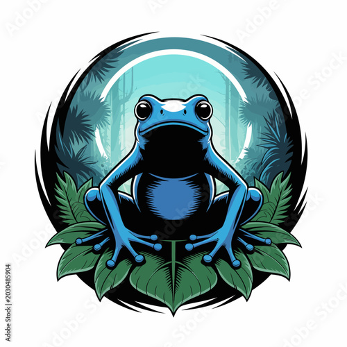 Tableau sur toile Blue Frog Sitting on Leaves Meditating.