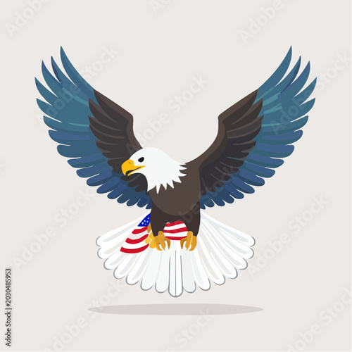 A majestic bald eagle with spread wings, carrying an American flag, symbolizing freedom and patriotism.
