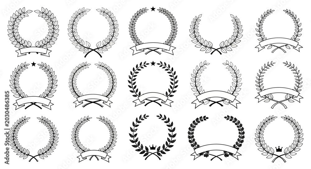 Fototapeta premium Laurel wreath set black and white line drawing