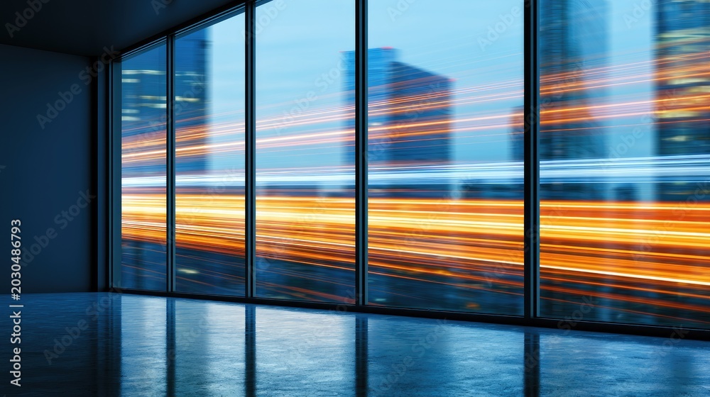 Fototapeta premium Modern interior overlooks cityscape with blurred streaks of light from passing vehicles