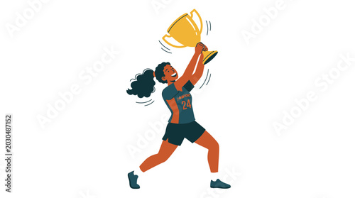 Slika na platnu Woman celebrating sports victory holding golden trophy aloft