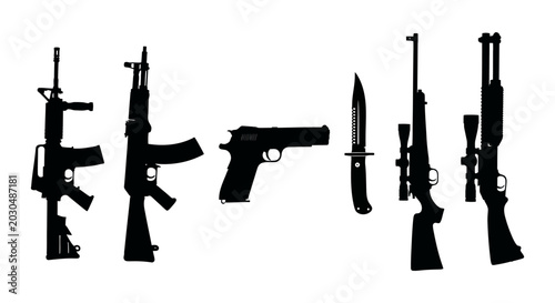 Photography Firearm silhouettes on white background collection of weapon shapes