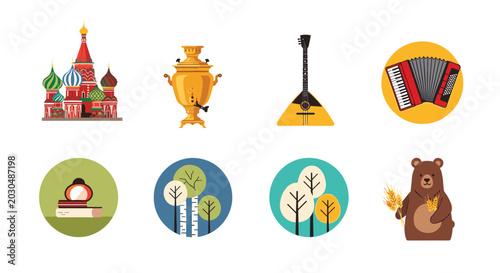 Collection of traditional Russian cultural symbols including Saint Basil Cathedral samovar balalaika accordion and local wildlife icons.