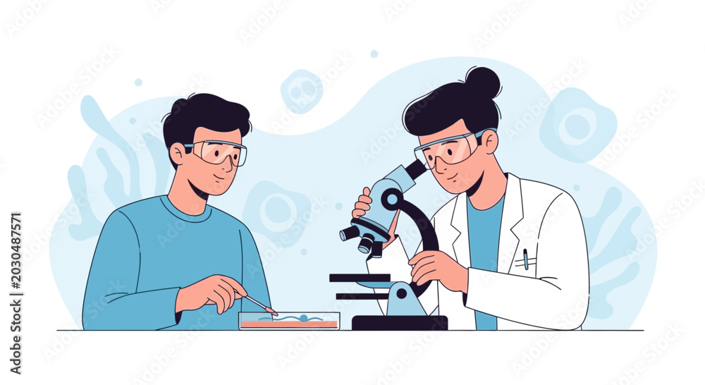 Fototapeta premium Scientists examining samples under microscope in laboratory, science and research