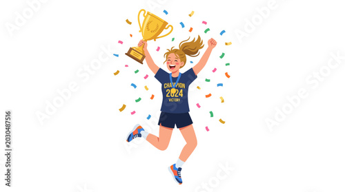 Foto Young Female Athlete Celebrates Victory with Trophy and Confetti