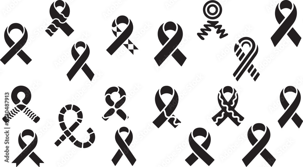 Fototapeta premium Collection of various awareness ribbon icons in different designs on white background