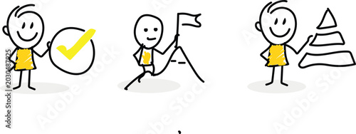 Stick Figure Business Strategy and Achievement Set: Approved Checkmark, Mountain Peak Flag for Goals, and Corporate Pyramid Diagram