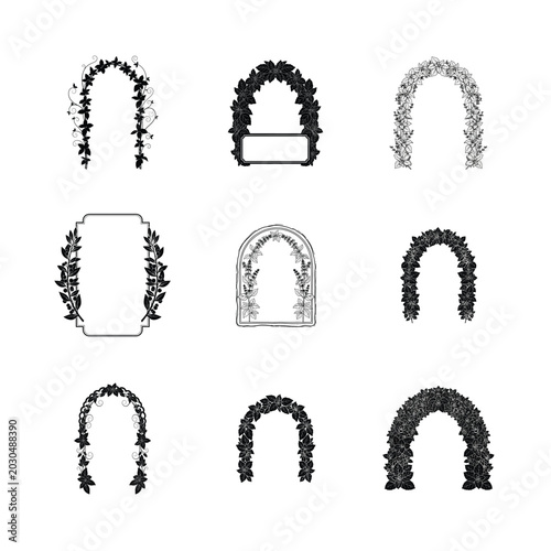Delicate Line Art Botanical Arches Fine Line Leafy Frames and Minimalist Portal Sketches