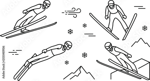 Foto Minimalist winter sports ski jumping line art set featuring skiers jumping midai