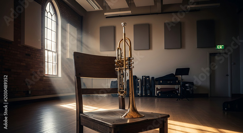 Brass trumpet sits on wooden chair in sunlit rehearsal room