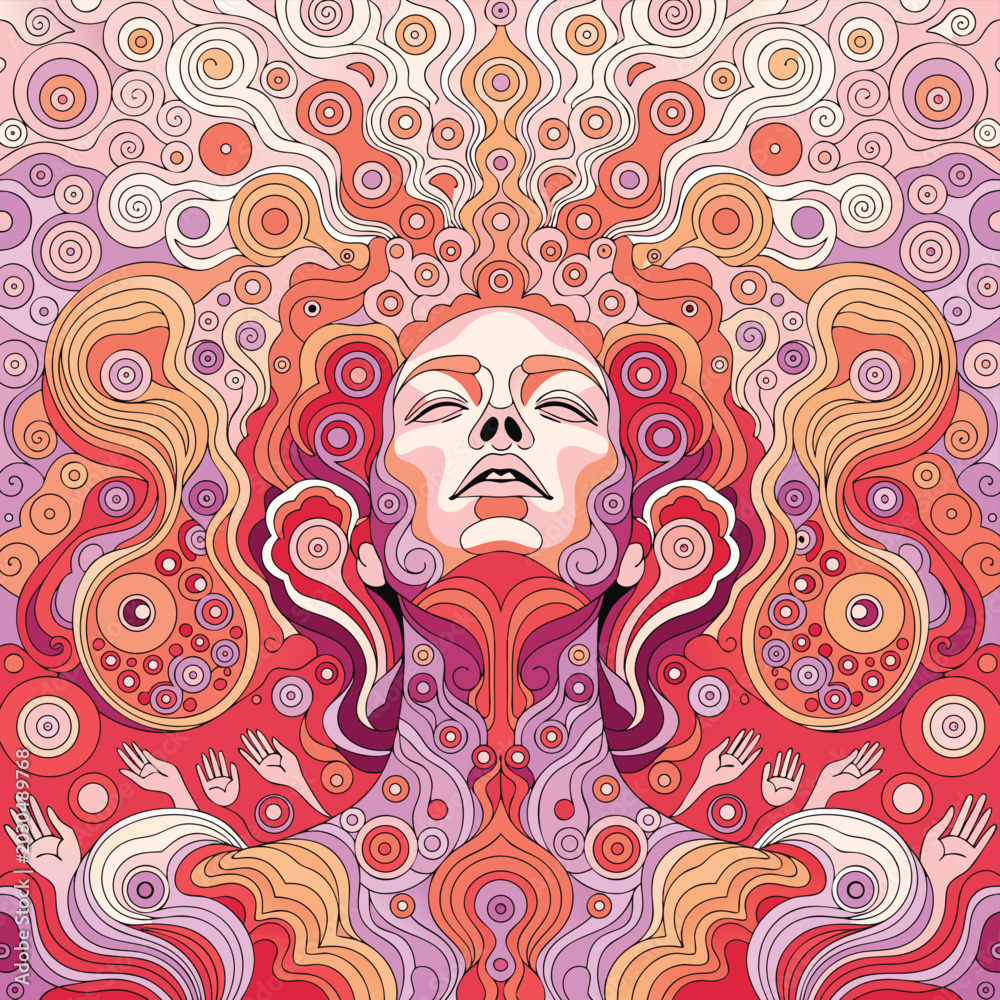 Fototapeta premium a-highly-detailed-vector-illustration-of-a-serene, Psychedelic Mind Awakening – Surreal Meditation and Spiritual Consciousness Vector Illustration with eps files