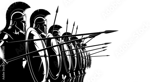 Fotografie Spartan warriors formation, ancient greek soldiers, phalanx, battle ready, black