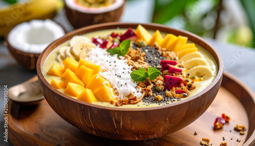 Colorful smoothie bowl topped with fresh fruits like coconut, banana, and passionfruit.