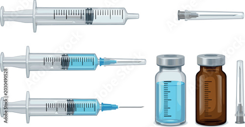 Photos Medical Syringe and Vaccine Vial Clipart Vector Set Featuring Hypodermic Needles