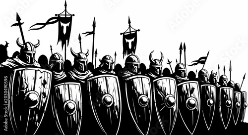 Foto Viking Warriors Army Formation, Shields and Spears, Black and White Illustration