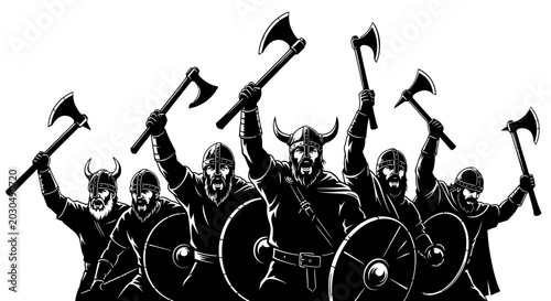 Schilderij op canvas Viking Warriors with Axes and Shields, Cartoon Style