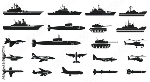 Canvas Print Military Vehicles Silhouette Collection: Ships, Tanks, Aircraft, Submarines