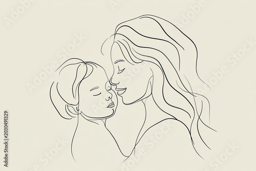 Minimalist line art illustration of a loving mother and her baby, depicting a tender family bond.