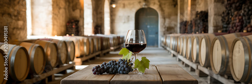 A glass of red wine and grapes on a wooden table in a wine cellar with barrels