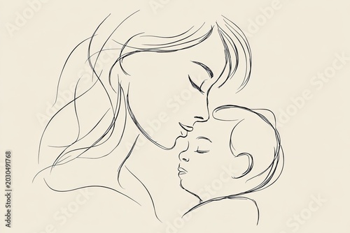Minimalist Line Art Illustration of a Tender Mother Embracing Her Baby with Eyes Closed, Symbolizing Familial Love and Connection