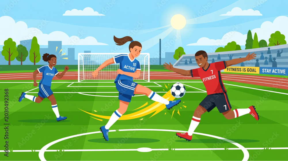 Fototapeta premium Vector illustration of women and men playing soccer together in an outdoor stadium during a sunny day.