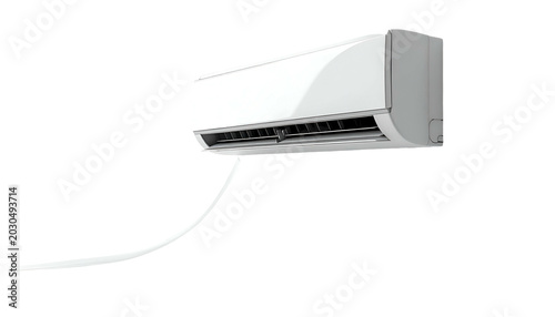White, wall-mounted air conditioner with visible wire