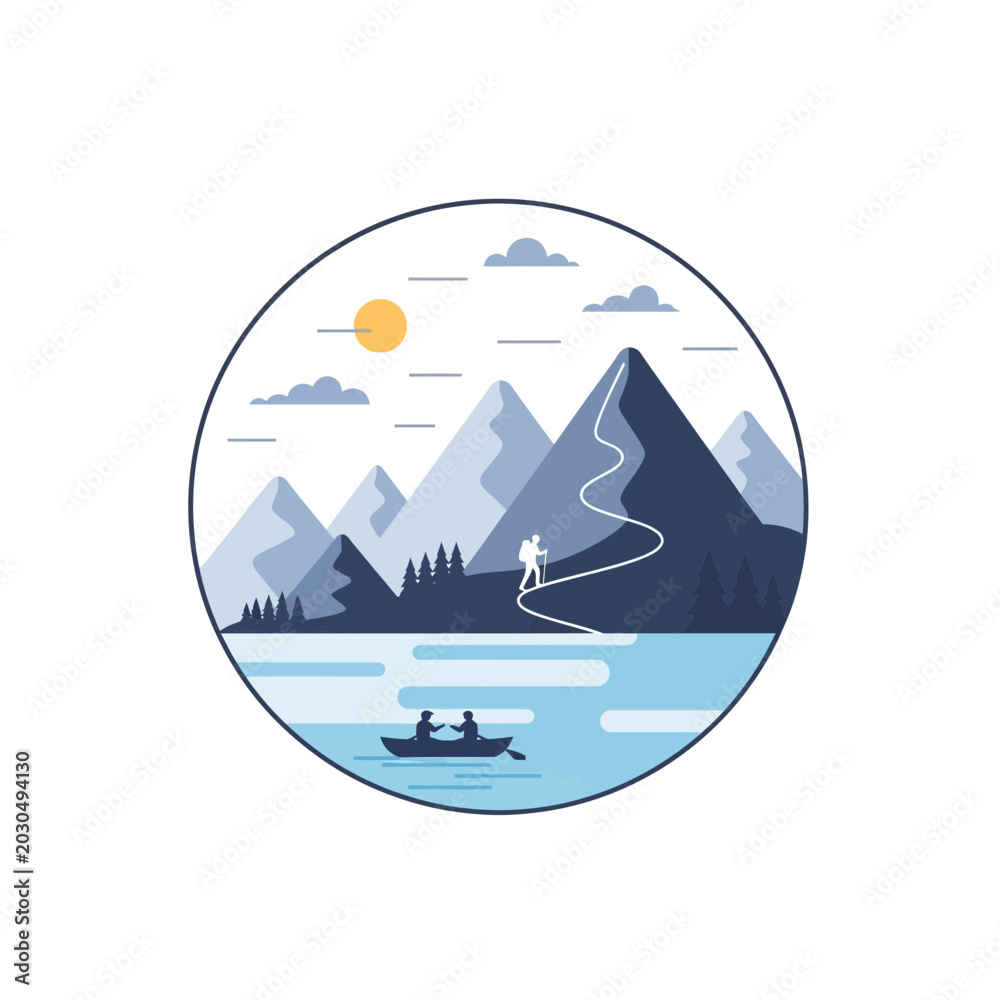 Obraz premium Mountain Landscape with Hikers and Rowboat
