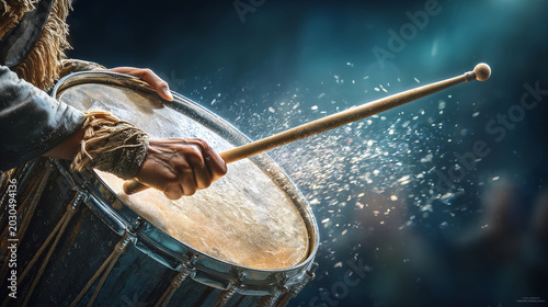 A musician dramatically strikes a drum, sending illuminated particles flying in a powerful performance under intense stage lighting.