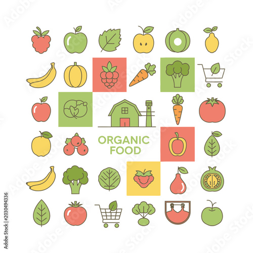 Organic Food Icons Set: Fruits, Vegetables and Farm Building