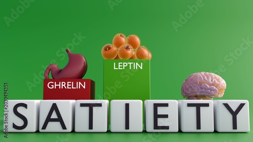 Quadro em tela A 3D medical illustration of a low ghrelin column and a high leptin column under white tiles spelling SATIETY and a human brain
