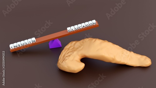 Foto A 3D rendering of see-saw balancing metabolic hormones and human pancreas model